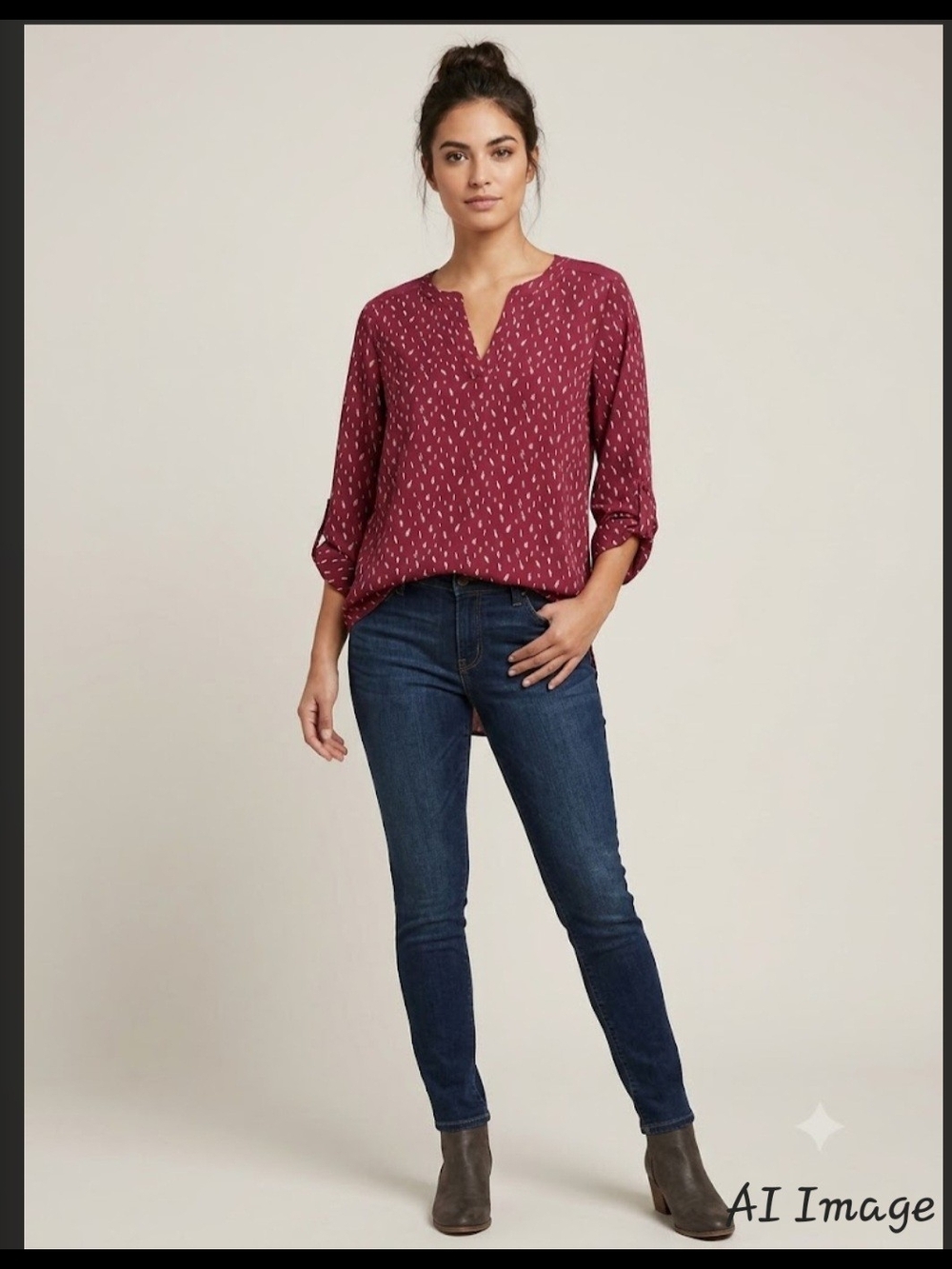 Womens Notch-Neck Maroon Printed Blouse